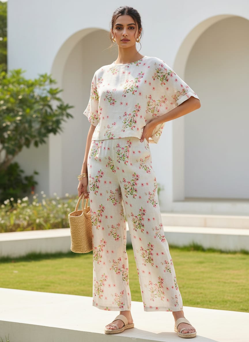 Pink Floral Printed Linen Fabric