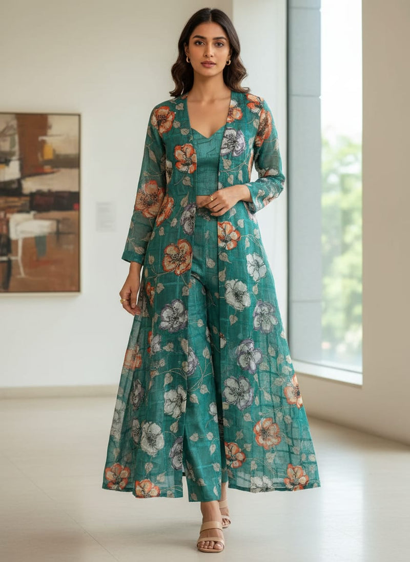 FAB VOGUE Studio Digital Printed Linen Fabric - Teal Floral