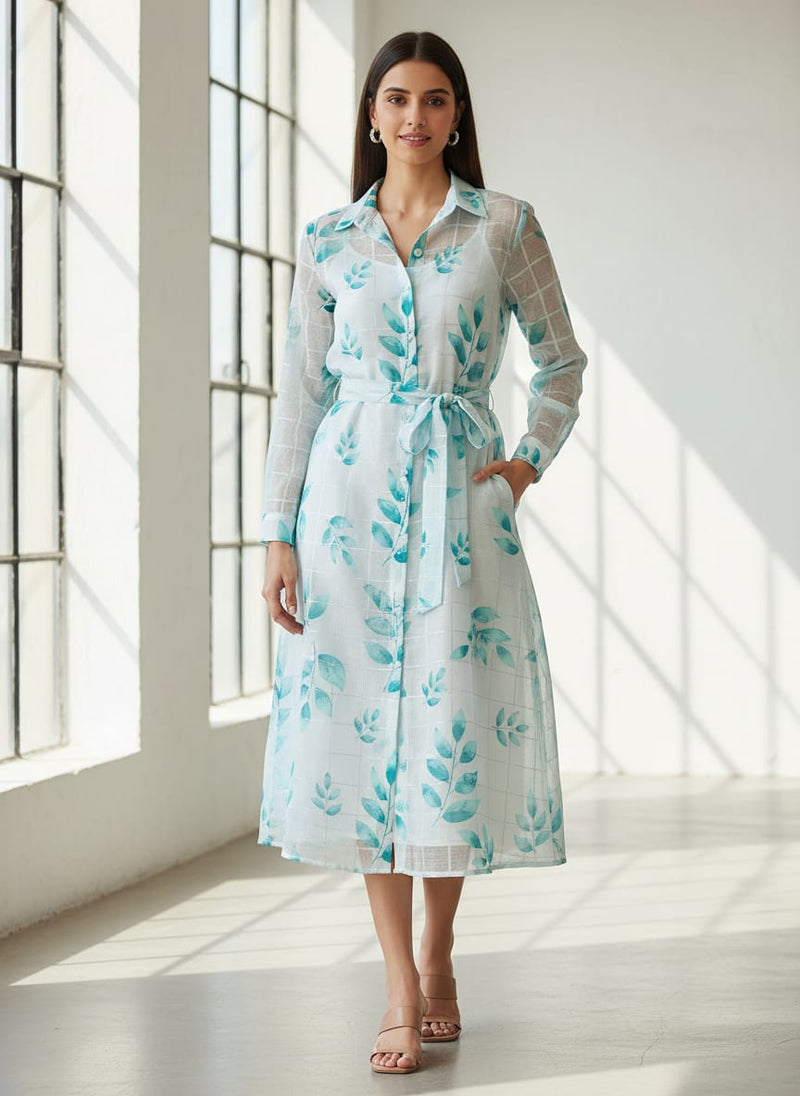 FAB VOGUE Studio Digital Printed Linen Fabric - Aqua Leaf Design