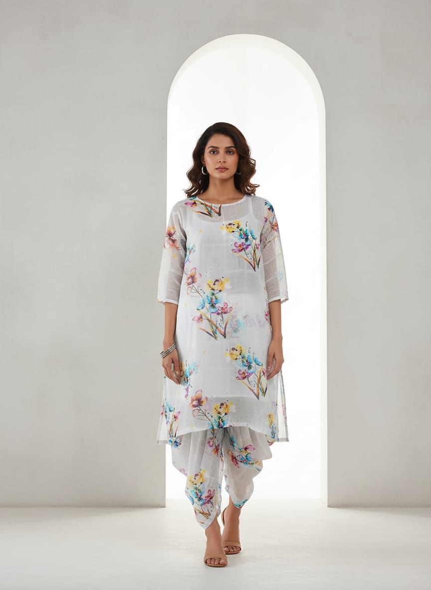 FAB VOGUE Studio Digital Printed Linen Fabric - Watercolor Floral on White