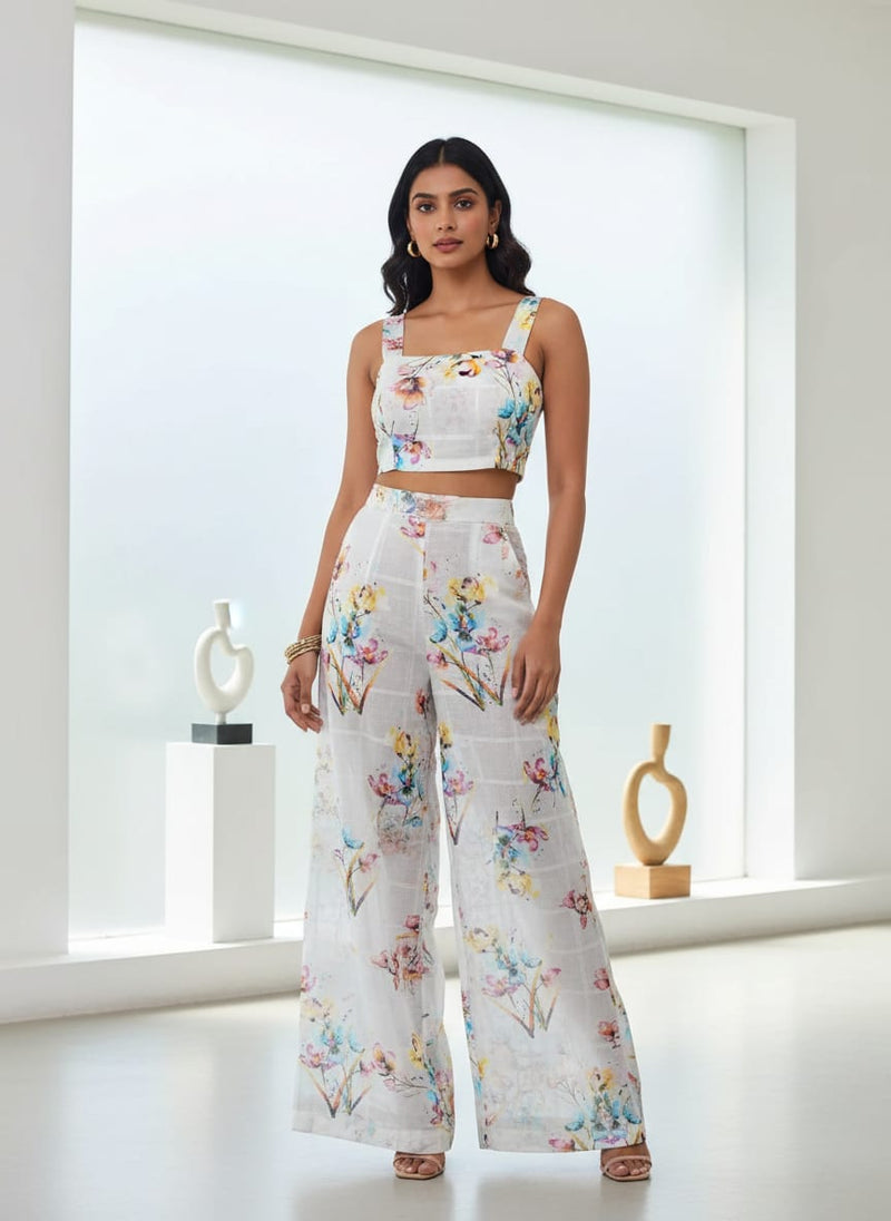 FAB VOGUE Studio Digital Printed Linen Fabric - Watercolor Floral on White