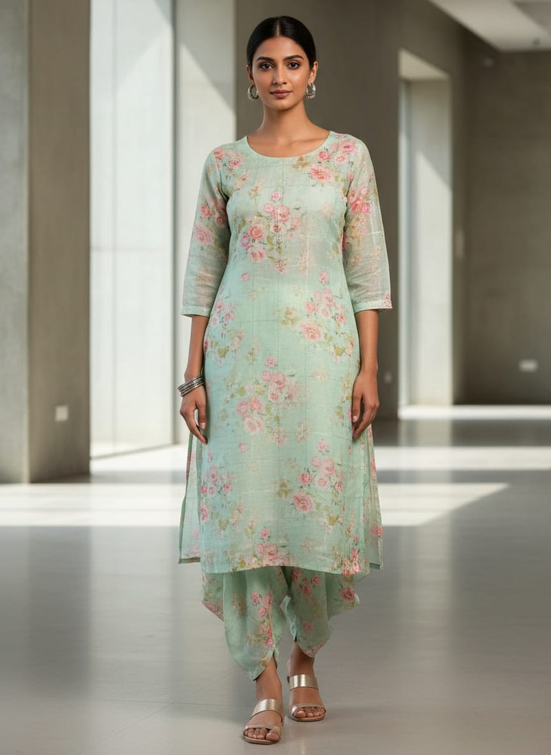 FAB VOGUE Studio Digital Printed Linen Fabric - Mint Green Floral