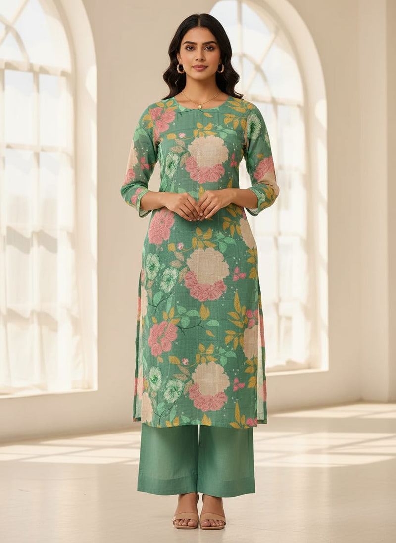 FAB VOGUE Studio Digital Printed Linen Polyester Fabric - Green Floral