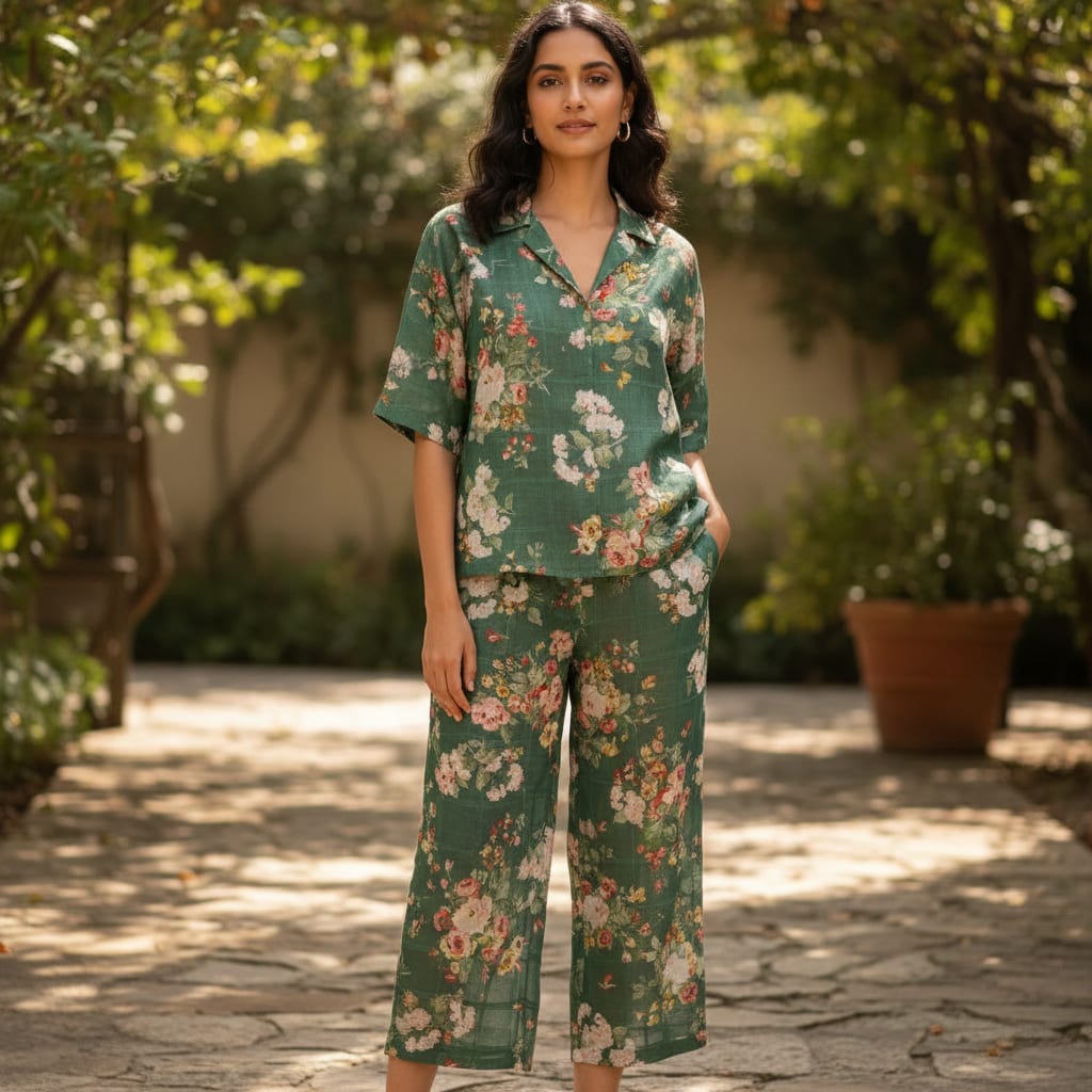 FAB VOGUE Studio Digital Printed Linen Fabric - Green Floral  -  Polyester