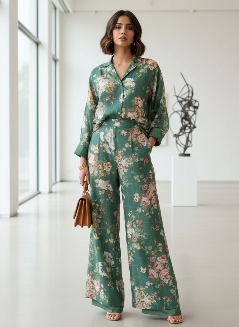 FAB VOGUE Studio Digital Printed Linen Fabric - Green Floral  -  Polyester