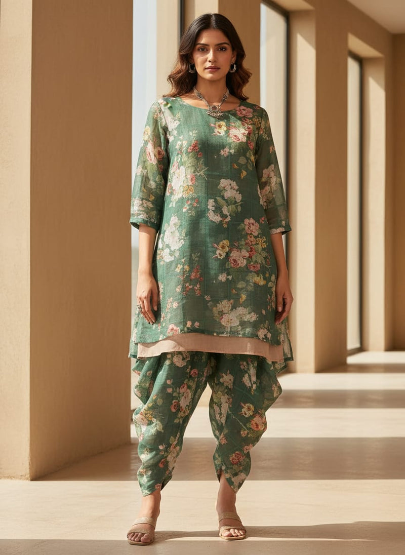FAB VOGUE Studio Digital Printed Linen Fabric - Green Floral  -  Polyester