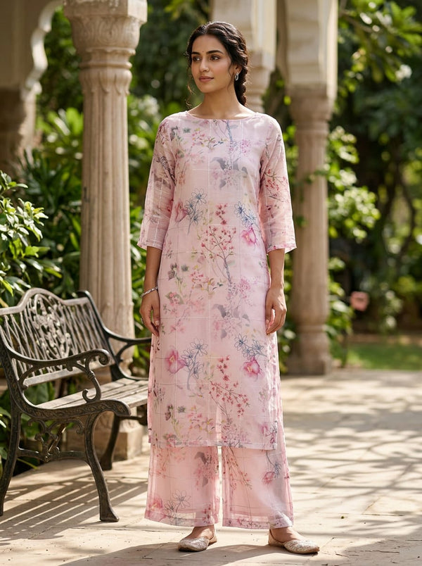 FAB VOGUE Studio Digital Printed Linen Look Polyester Fabric - Pink Floral - Straight Kurta with Palazzo Lookbook - POLI-CH-PA10454-110 - alternate view