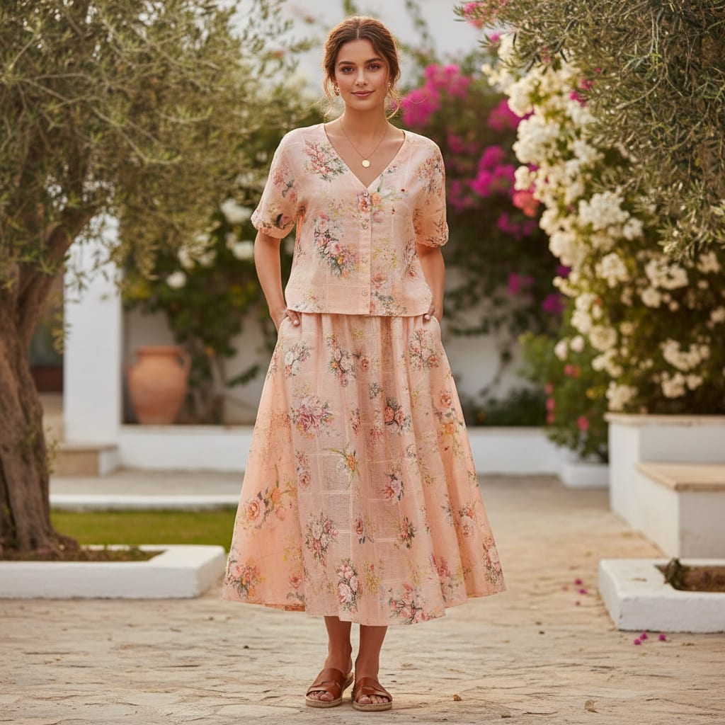 FAB VOGUE Studio Digital Printed Peach Floral Linen Fabric - Perfect for Dresses, Tops, and More!