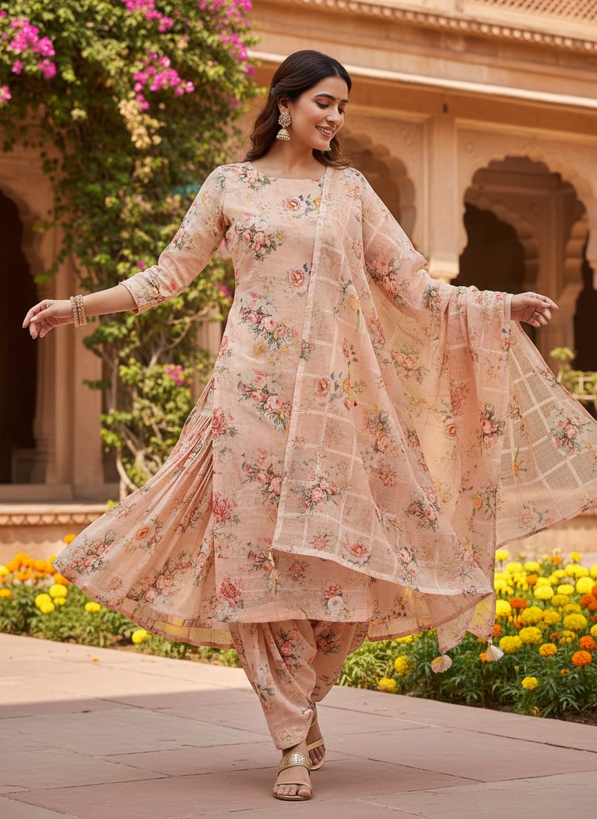 FAB VOGUE Studio Digital Printed Peach Floral Linen Fabric - Perfect for Dresses, Tops, and More!