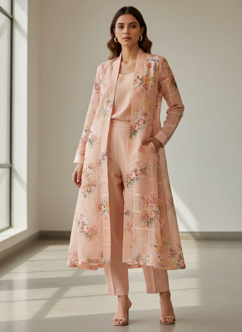 FAB VOGUE Studio Digital Printed Peach Floral Linen Fabric - Perfect for Dresses, Tops, and More!