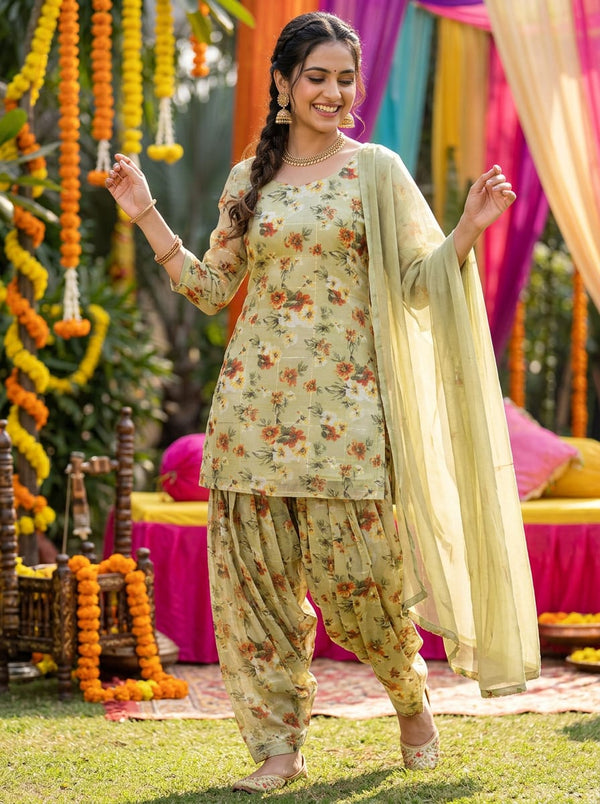 Yellow Vintage Floral Check Linen Digital Printed Fabric - Patiala Salwar Set Lookbook - POLI-CH-TA012278-110 - alternate view