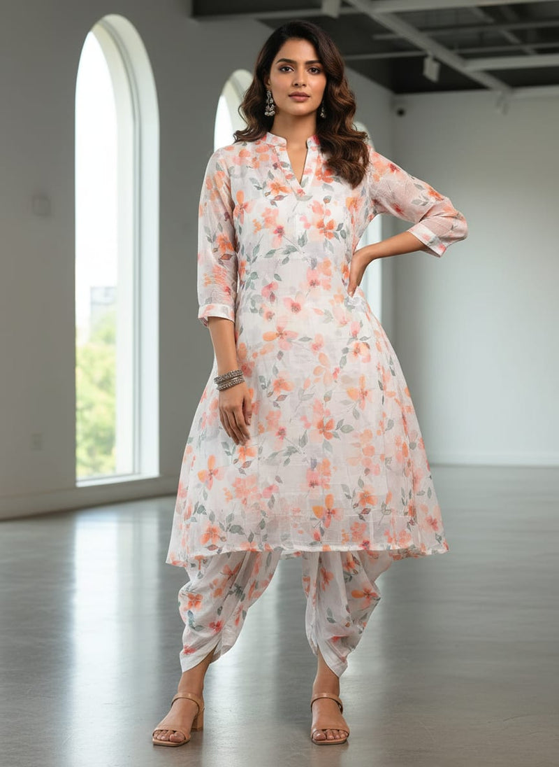 FAB VOGUE Studio Linen Look Digital Printed Polyester Fabric -  White Floral Print