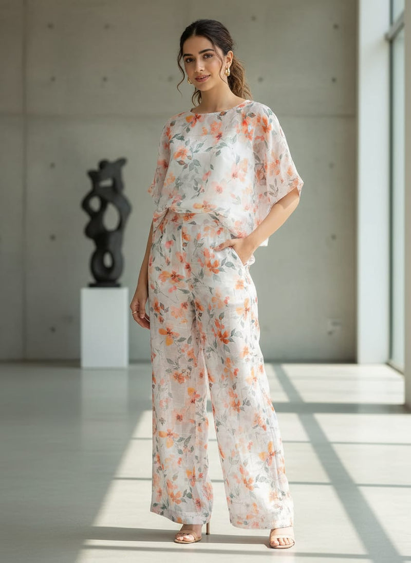 FAB VOGUE Studio Linen Look Digital Printed Polyester Fabric -  White Floral Print