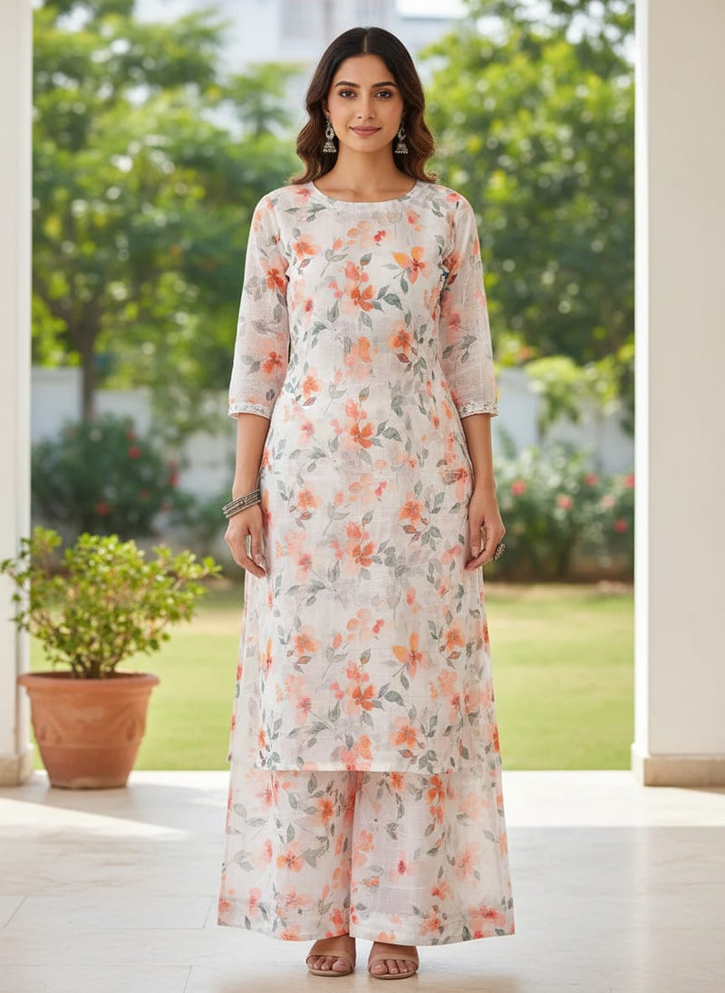 FAB VOGUE Studio Linen Look Digital Printed Polyester Fabric -  White Floral Print