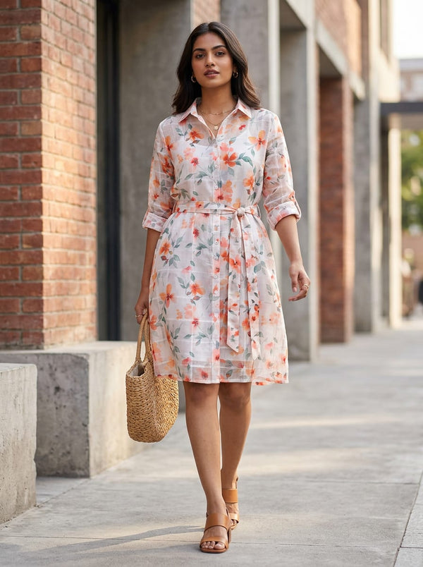 White Watercolor Floral on Checkered Grid Linen Digital Printed Fabric - Shirt Dress Lookbook - POLI-CH-TA0115901GRAY-110 - alternate view