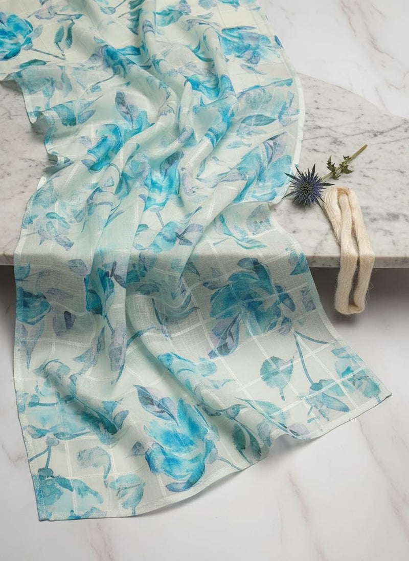 FAB VOGUE Studio Digital Printed Linen Fabric - Blue Floral Pattern