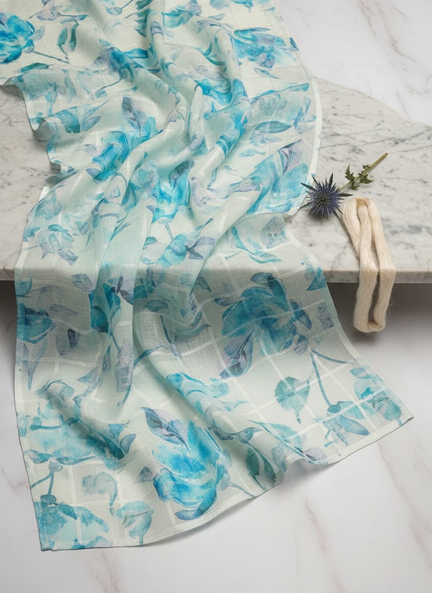 FAB VOGUE Studio Digital Printed Linen Fabric - Blue Floral Pattern