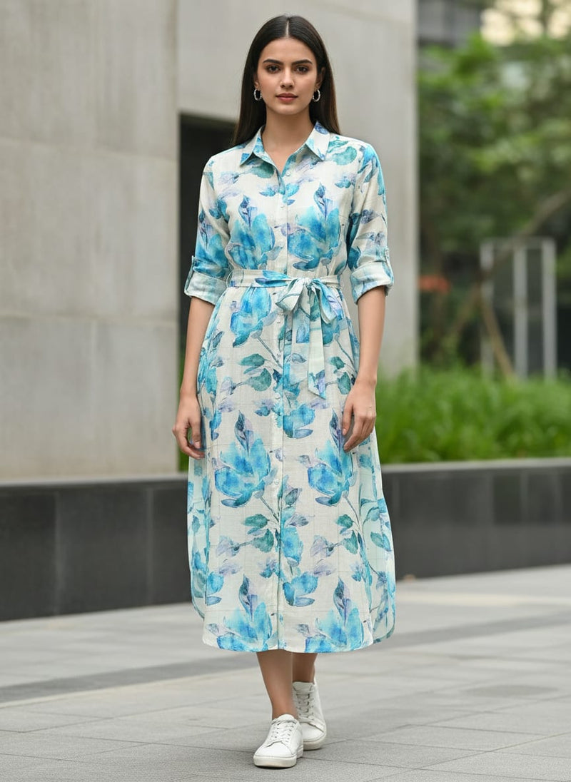 FAB VOGUE Studio Digital Printed Linen Fabric - Blue Floral Pattern