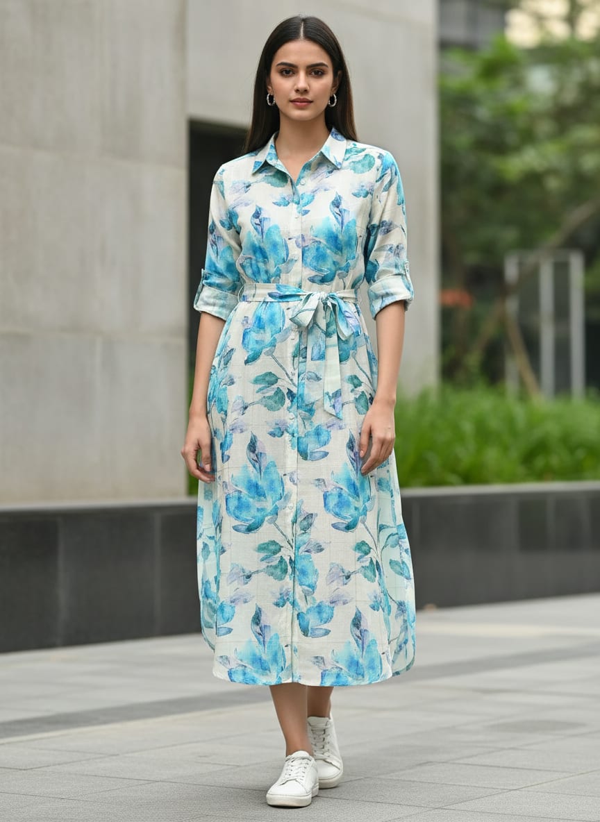 FAB VOGUE Studio Digital Printed Linen Fabric - Blue Floral Pattern
