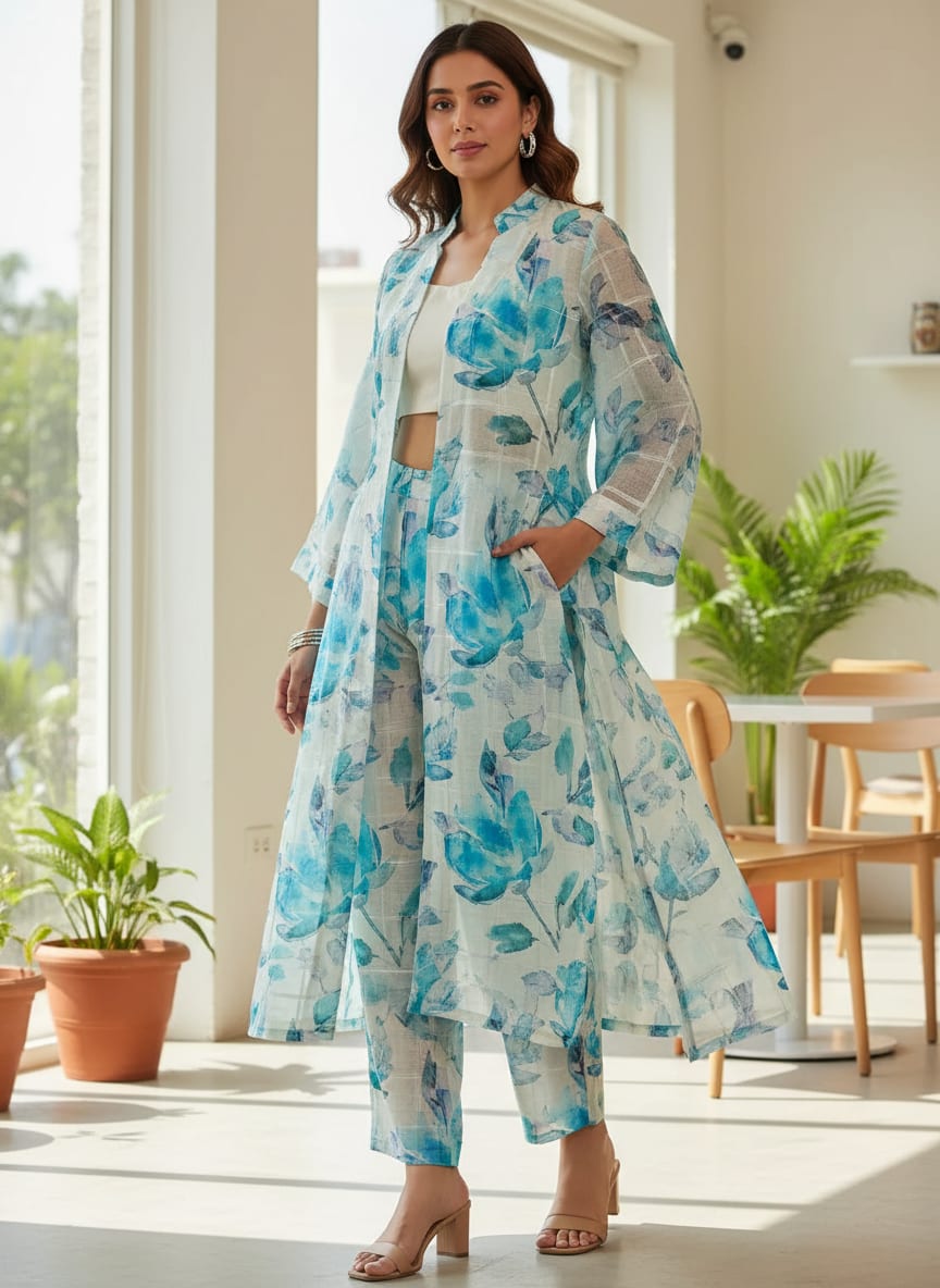 FAB VOGUE Studio Digital Printed Linen Fabric - Blue Floral Pattern