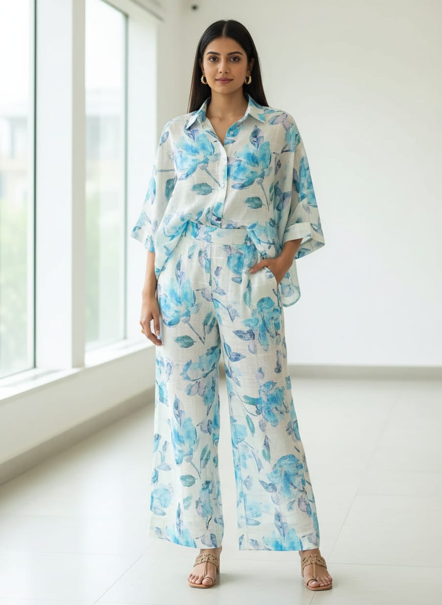 FAB VOGUE Studio Digital Printed Linen Fabric - Blue Floral Pattern