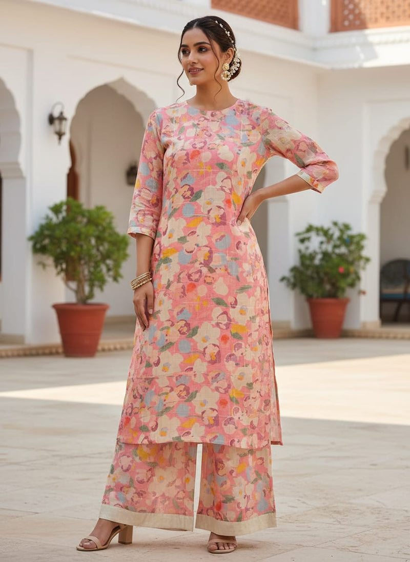 FAB VOGUE Studio Digital Printed Linen Fabric - Peach Floral Pattern