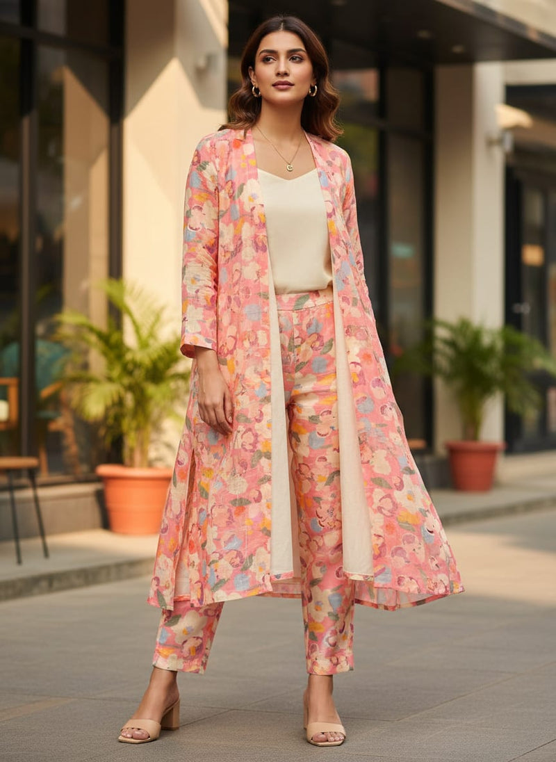 FAB VOGUE Studio Digital Printed Linen Fabric - Peach Floral Pattern