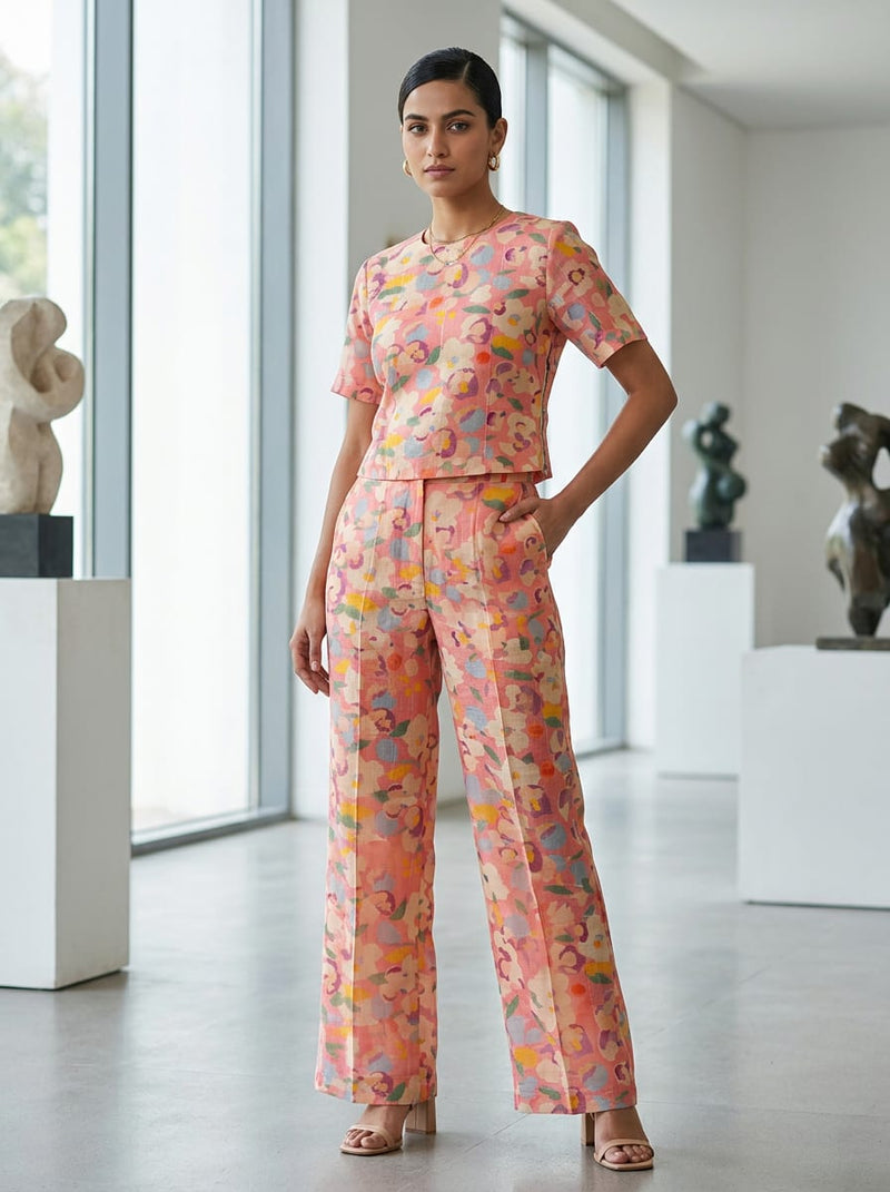 Multicolor Painterly Abstract Floral with Metallic Checks Linen Digital Printed Fabric