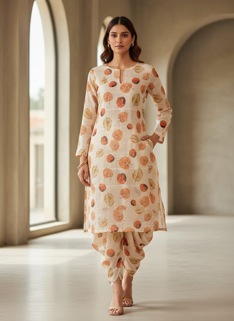 FAB VOGUE Studio Digital Printed Linen Look Polyester Fabric - Beige Autumn Leaves