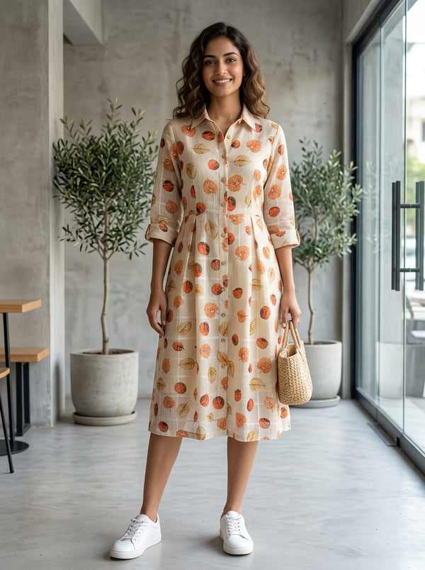 Orange Autumnal Leaves Botanical Print Linen Digital Printed Fabric - Shirt Dress Lookbook - POLI-CH-TA05942-110 - alternate view