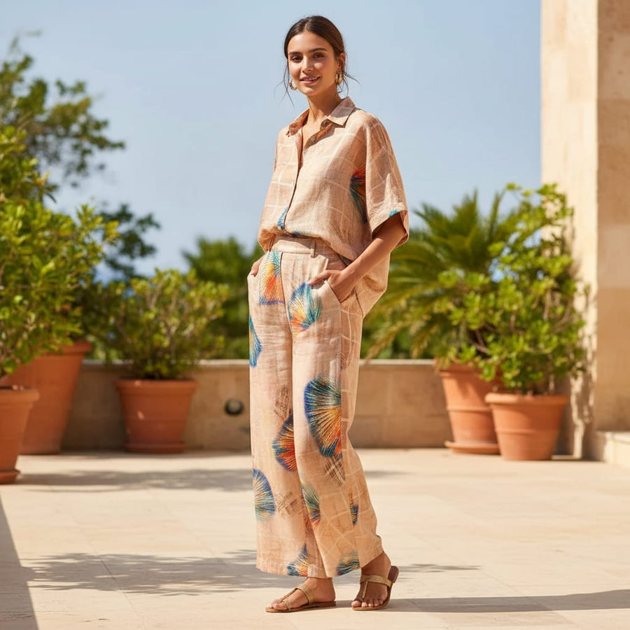 FAB VOGUE Studio Linen Digital Printed Fabric - Peach & Blue Feather