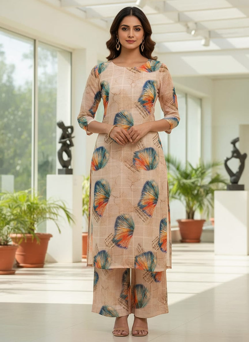 FAB VOGUE Studio Linen Digital Printed Fabric - Peach & Blue Feather