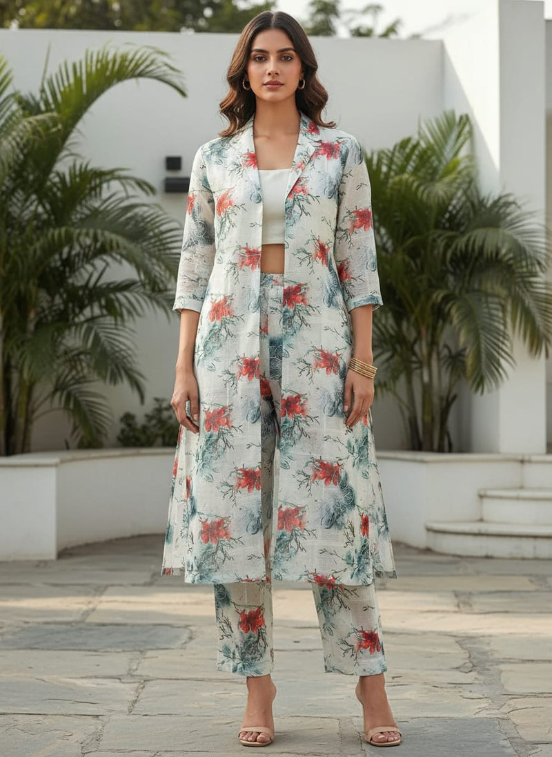 FAB VOGUE Studio Digital Printed Linen Fabric - Floral Pattern, White
