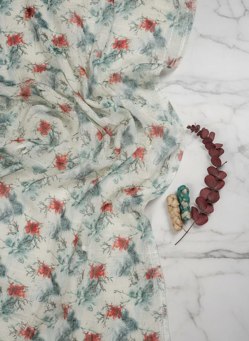 FAB VOGUE Studio Digital Printed Linen Fabric - Floral Pattern, White