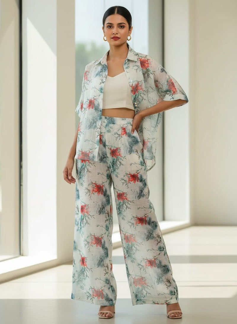 FAB VOGUE Studio Digital Printed Linen Fabric - Floral Pattern, White