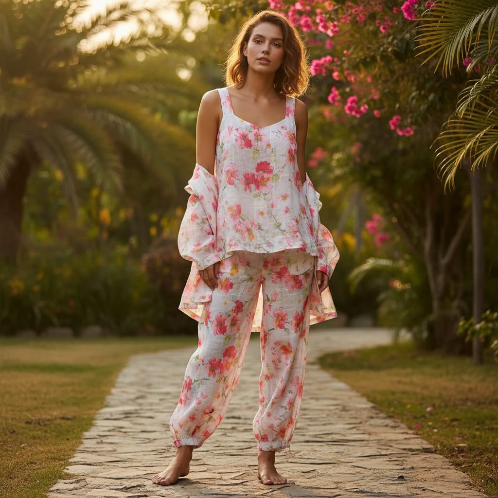 FAB VOGUE Studio Linen Look Digital Printed Polyester Fabric - White Floral