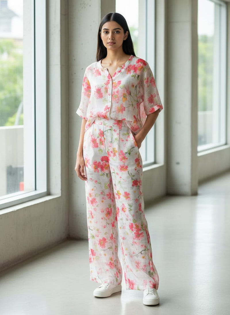 FAB VOGUE Studio Linen Look Digital Printed Polyester Fabric - White Floral