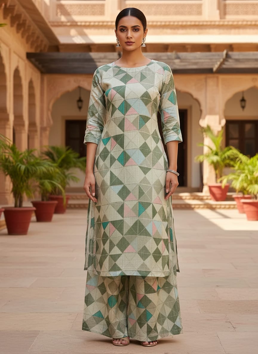 FAB VOGUE Studio Digital Printed Linen Fabric - Geometric Pattern, Green & Blue