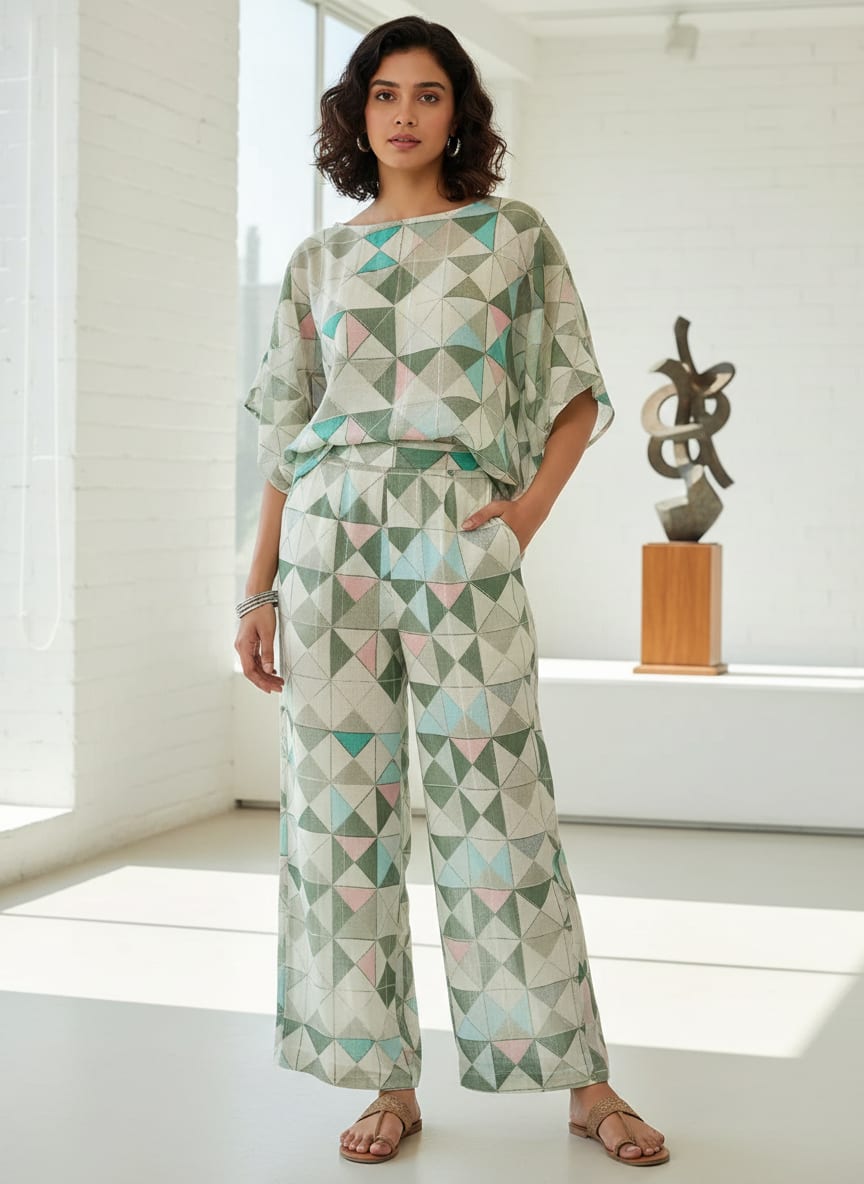 FAB VOGUE Studio Digital Printed Linen Fabric - Geometric Pattern, Green & Blue