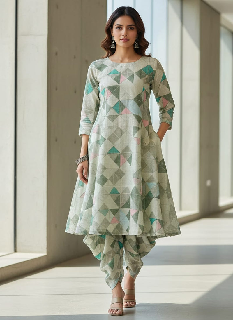 FAB VOGUE Studio Digital Printed Linen Fabric - Geometric Pattern, Green & Blue