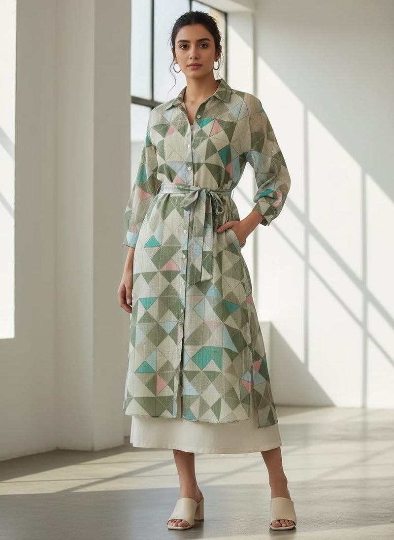 FAB VOGUE Studio Digital Printed Linen Fabric - Geometric Pattern, Green & Blue