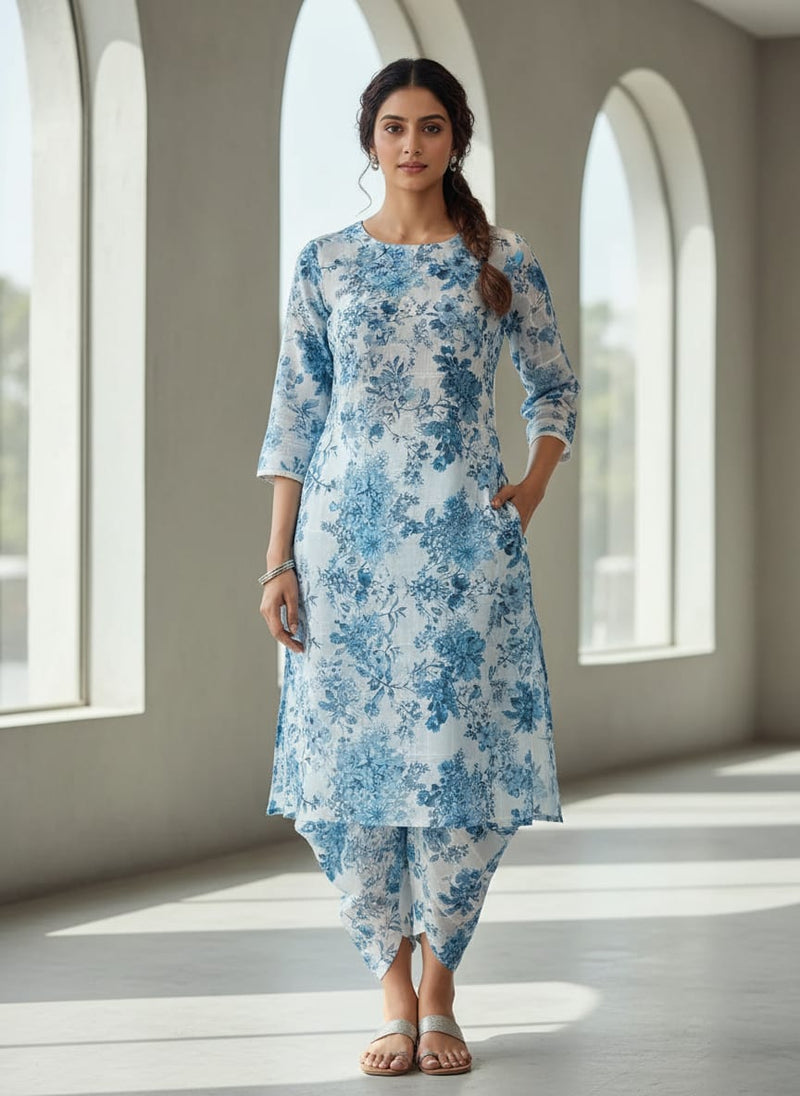 FAB VOGUE Studio Digital Printed Linen Fabric - Blue Floral, Polyester, 44 Inch