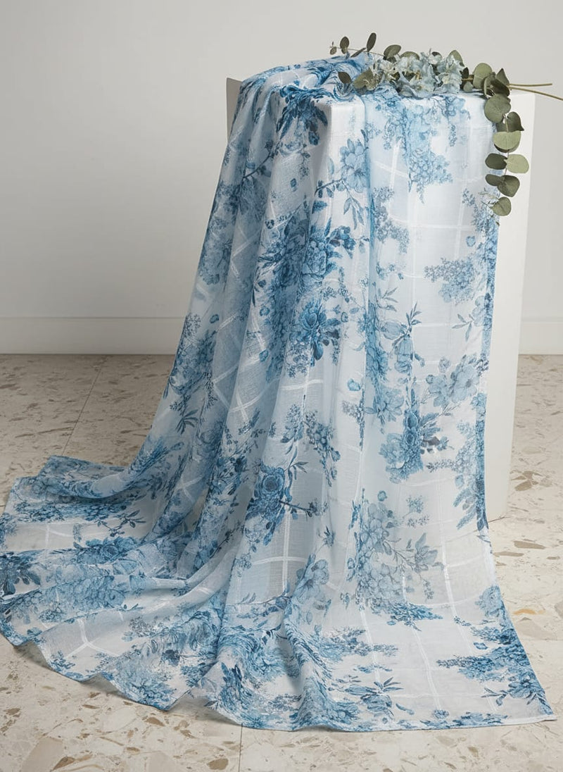 FAB VOGUE Studio Digital Printed Linen Fabric - Blue Floral, Polyester, 44 Inch