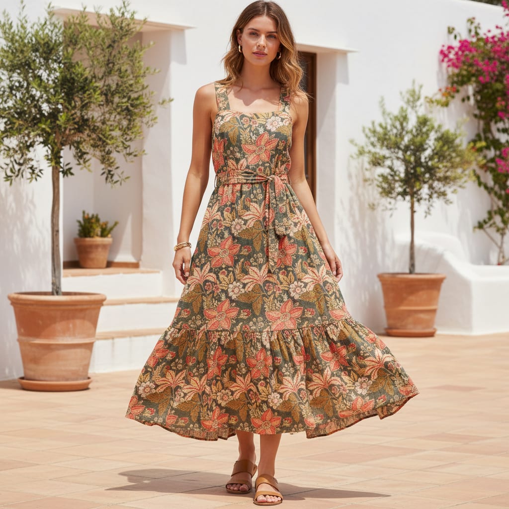 FAB VOGUE Studio Digital Printed Linen Fabric - Floral Pattern - Green