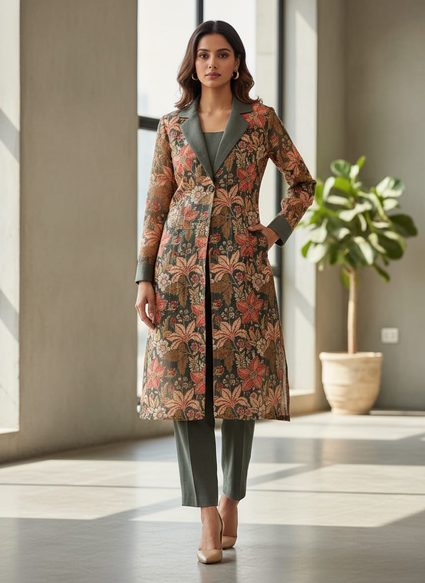 FAB VOGUE Studio Digital Printed Linen Fabric - Floral Pattern - Green