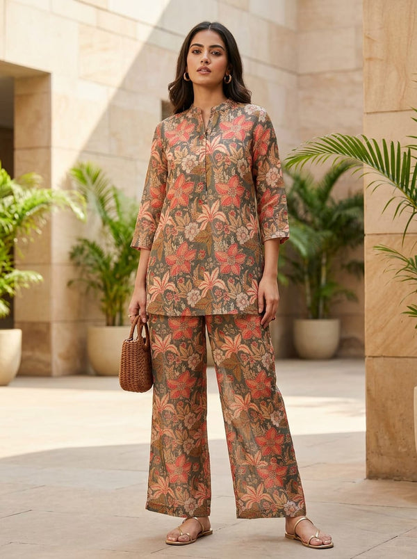 Multicolor Vintage Floral Tapestry Print Linen Digital Printed Fabric - Co-ord Set with Wide Leg Pants Lookbook - POLI-CH-TA011864-110 - alternate view