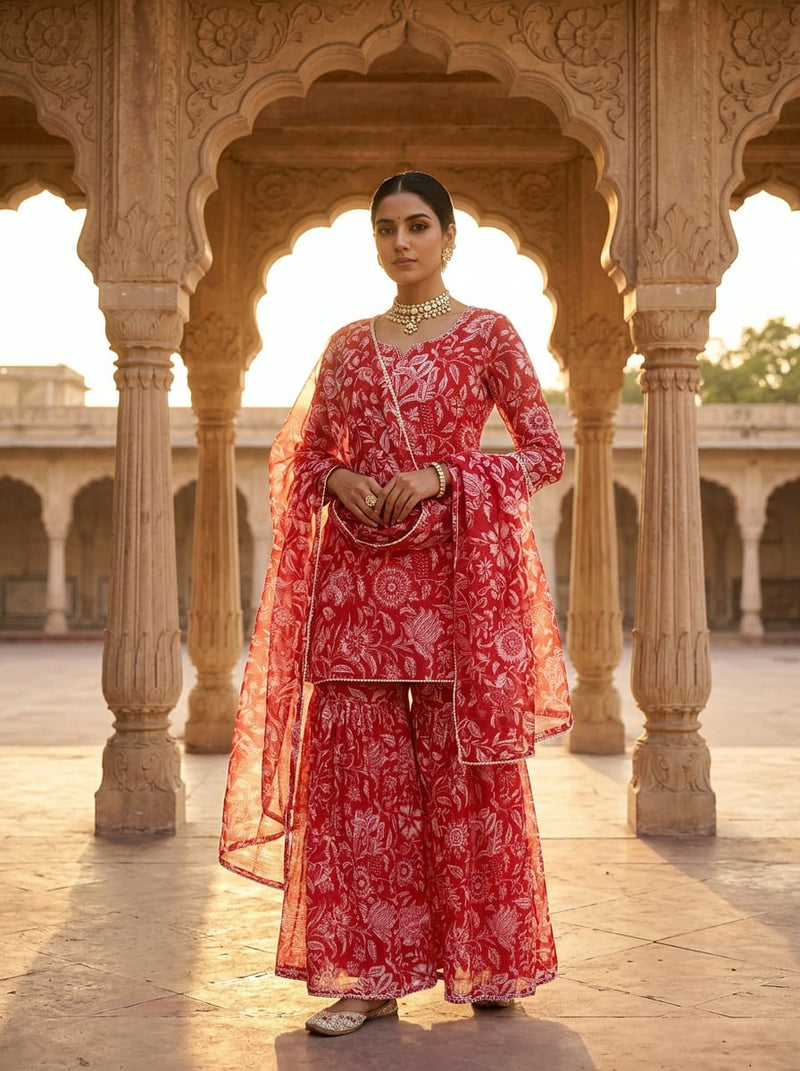 Red Ethnic Floral Jaal Kota Doria Digital Printed Fabric