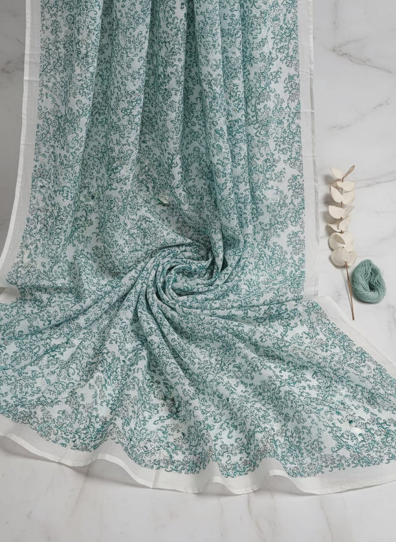 FAB VOGUE Studio Kota Doria Digital Printed Fabric - Teal Floral