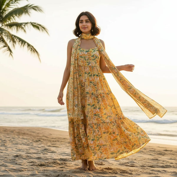 FAB VOGUE Studio Yellow Floral Digital Printed Kota Doria Fabric -  Polyester, 43 Inch - alternate view