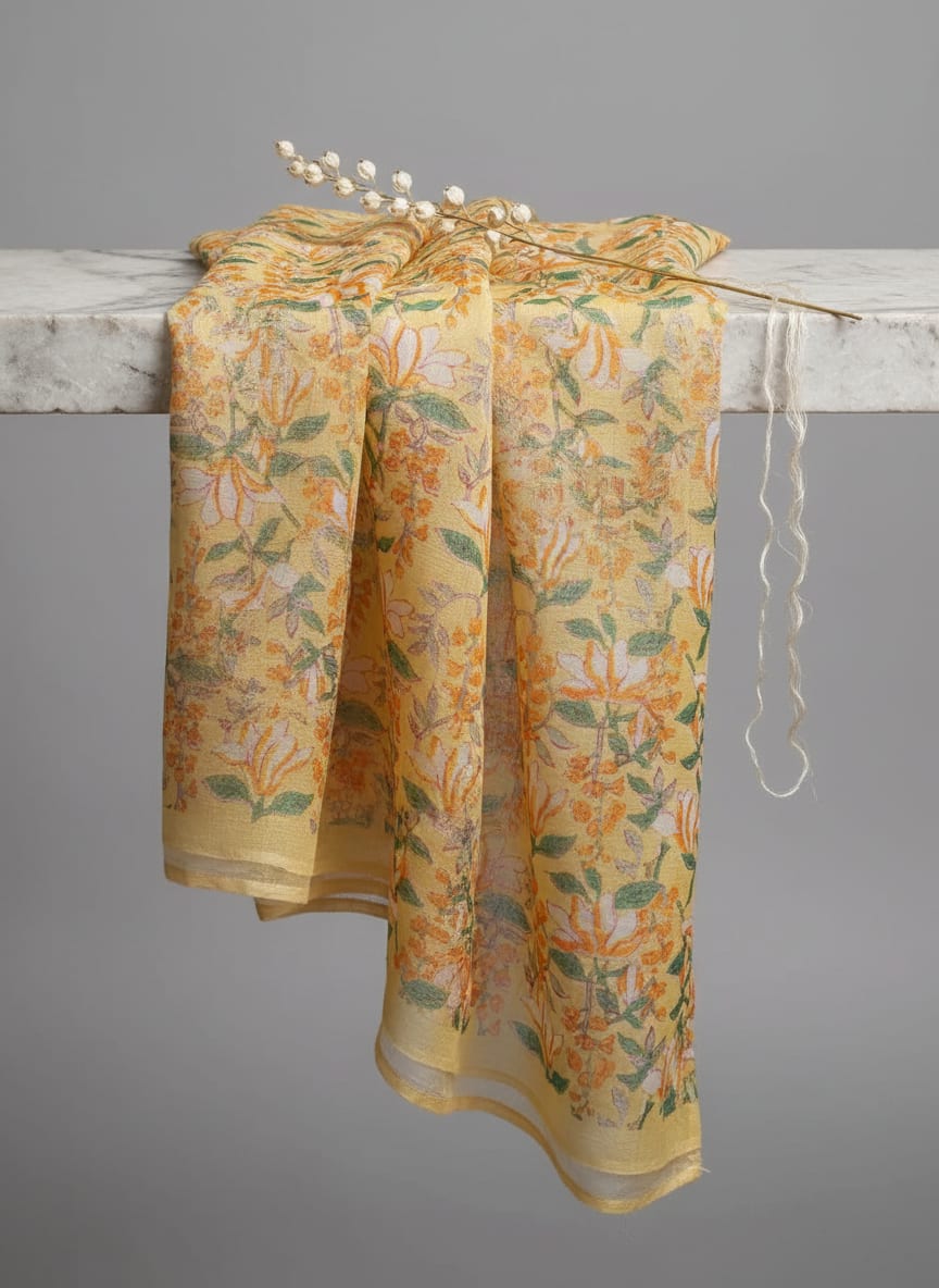 FAB VOGUE Studio Yellow Floral Digital Printed Kota Doria Fabric -  Polyester, 43 Inch